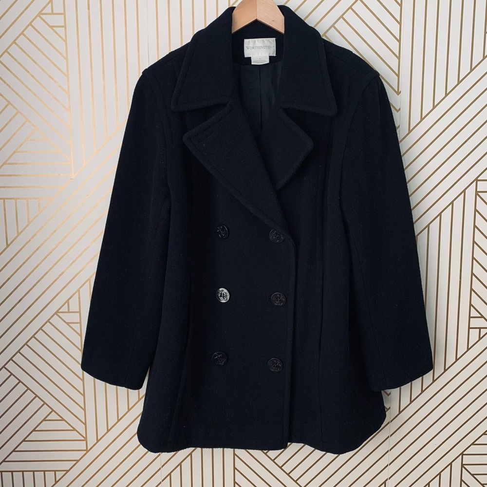 Worthington 100% Wool double breasted  Pea Coat anchor buttons black size 16
